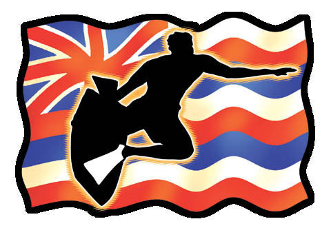 Wavy Hawaiian flag with body surfer silhouette overlay