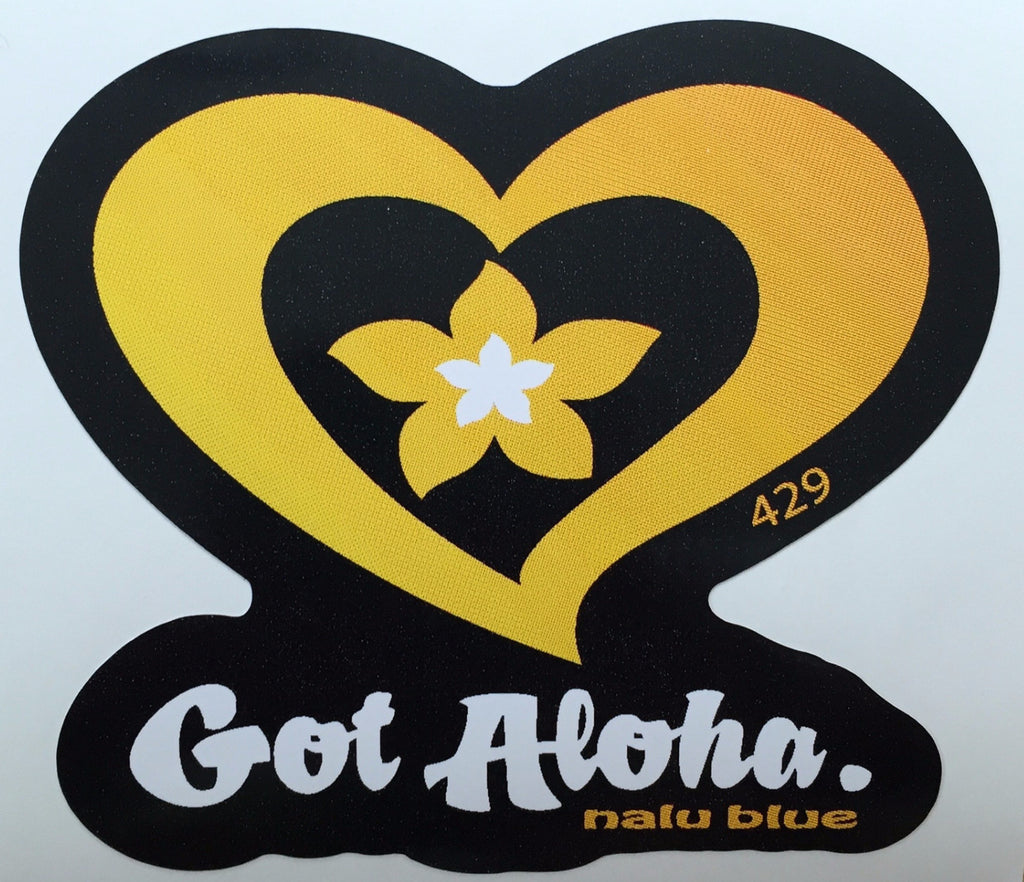 black and yellow heart with flower inside and got aloha