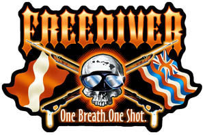 red tribal font "FREEDIVER" with a skull and cross spearguns, hawaiian flag, dive flag, and "one breath. one shot" 