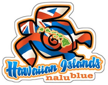 hawaiian honu (turtle) with hawaiian flag fill and "hawaiian islands nalu blue" below