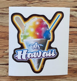 rainbow shave ice in cone with "Hawaii" script overlay decal