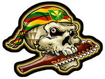 hawaiian warrior skull holding club in mouth