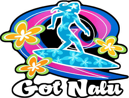 Blue silhouette of girl surfing a wave with Got Nalu