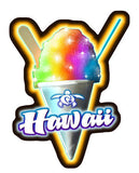 rainbow shave ice in cone with "Hawaii" script overlay decal