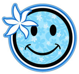 happy face with light blue floral pattern and flower decal