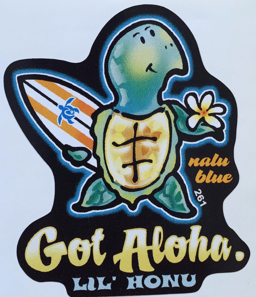 cute honu (turtle) holding surfboard and flower decal with got aloha